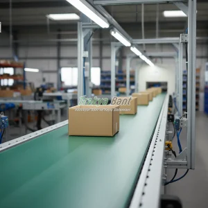 Kutuları taşıyan yeşil renk konveyör bant