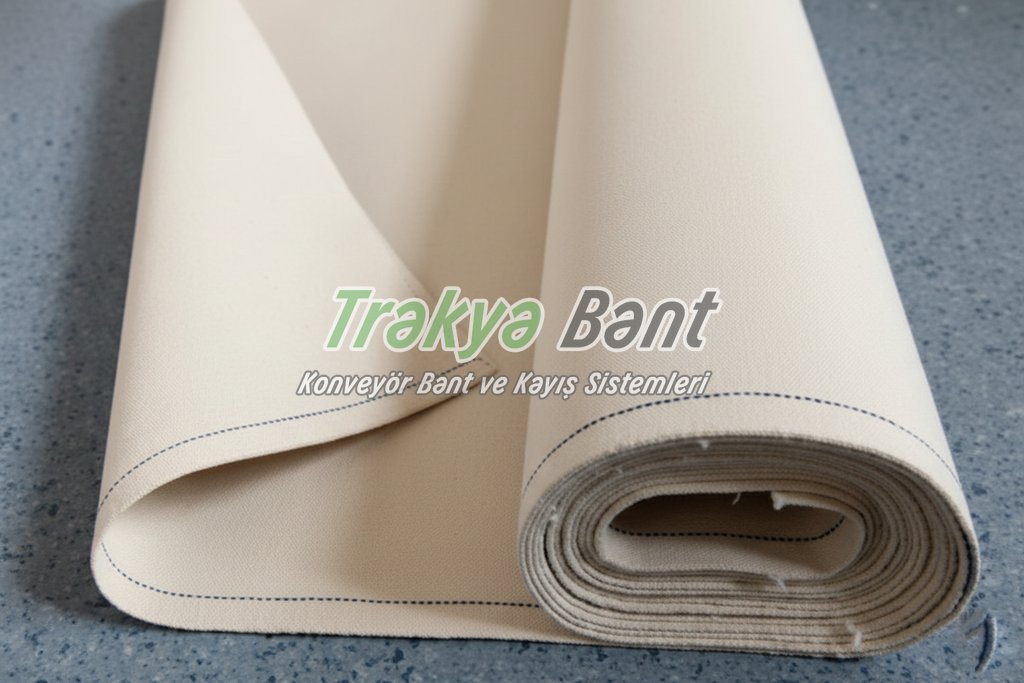 Endüstriyel üretim hattında hareket eden pamuklu bisküvi konveyör bandı