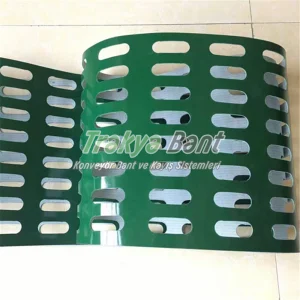 Oval delik yapısına sahip yeşil modüler konveyör bant, ürün ayıklama ve kesim hatları için