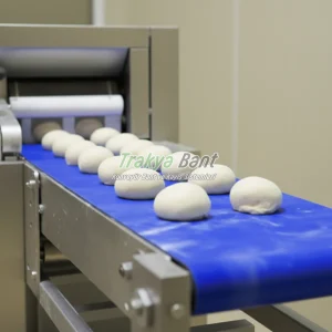 Mavi bantlı gıda konveyöründe yuvarlak hamur parçalarının otomatik taşınması