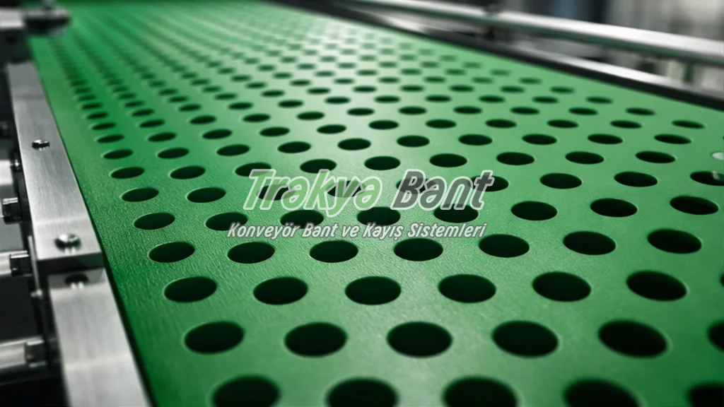 Sebze taşıma için kullanılan yeşil PVC delikli konveyör bant