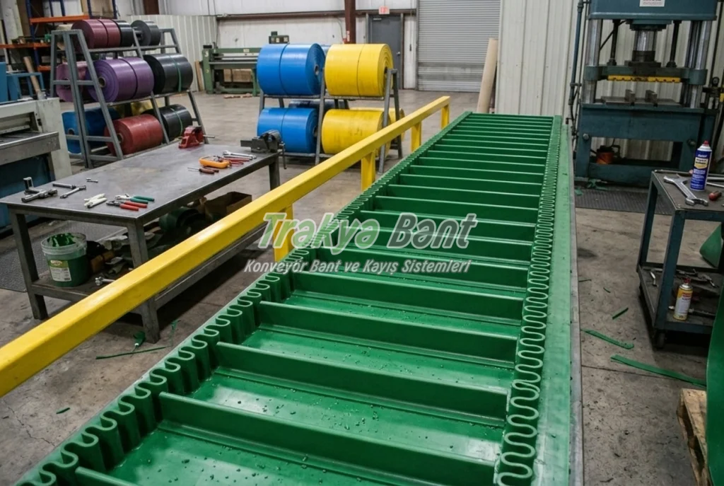 Edirne konveyör bant üretimi yapılan atölyede yeşil pvc konveyör bant